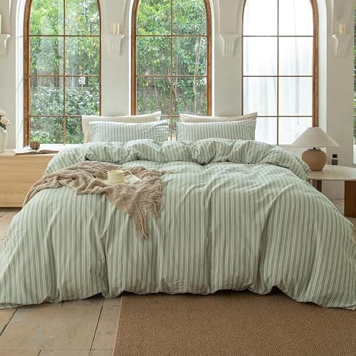 BESTDESIL Sage Green and White Striped Duvet Cover,100% Washed Cotton Breathable and Linen Like Bedding Set(Strip-Sage Green/White,Full Size) thumbnail 2