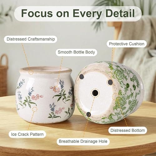 DREAMLOOM Vintage Ceramic Planter for Indoor Plants,6.1" Ice Crack Cottage Scroll Vase Tuscan Decor Flower Pots with Drainage Holes Home Kitchen Farmhouse Antique Decorative Gift (Red-Round) thumbnail 3
