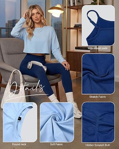 Cutecrop Women 3 Piece Seamless Workout Set High Waisted Leggings Athletic Bra Crew Neck Top Loose Yoga Gym Lounge Outfit thumbnail 7