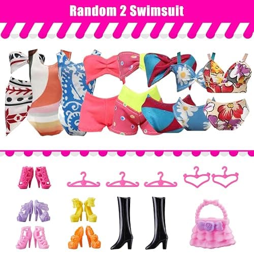 30 Pieces Doll Clothes and Accessories for 11.5 Inch Girl Dolls Including Random 5 Tops, 5 Pants, Random 3 Dresses, Random 3 Fashionable Dresses, Random 2 Swimwear, 6 Pairs of Shoes, 1 Bag, 5 Hangers thumbnail 5