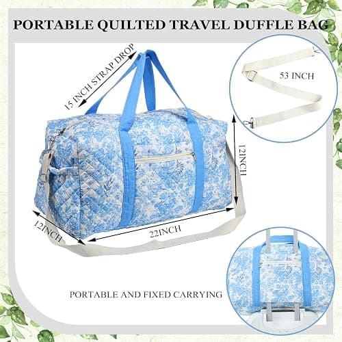 Dansydaisy Large Quilted Travel Duffle Bag for Women Floral Portable Gym Weekender Bag with Zipper Pockets Workout Grocery Pouch Duffle Gift Pouch for Christmas Work(Blue Floral) thumbnail 6