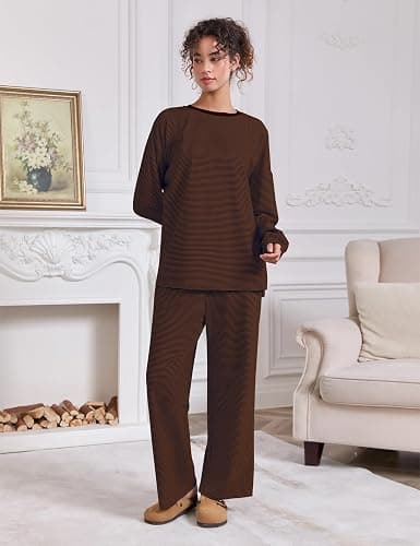 MISSACTIVER Women's 2 Piece Striped Lounge Set Long Sleeve Oversized T-Shirt Wide Leg Pants Matching Pajamas Set thumbnail 6