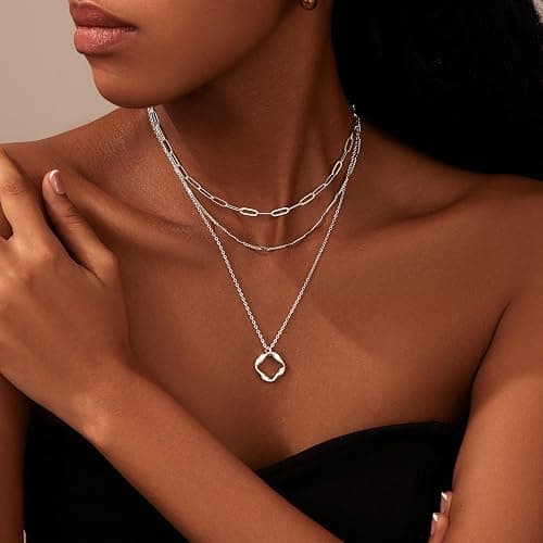 Poxtex Layered Gold Necklaces for Women,Stackable Dainty 14K Gold Silver Plated Trendy Circle Paperclip Chain Pendant Choker Necklace,Simpl Diamond Cross Bow Jewelry Set Gifts for Women thumbnail 2