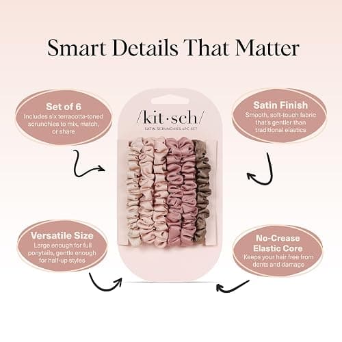 Kitsch Satin Scrunchies for Women - No Crease Hair Ties for Girls | Scrunchies For All Hair Types and Textures, Perfect for Day or Night | Ideal Gifts for Women - 6 Pcs, Terracotta thumbnail 3