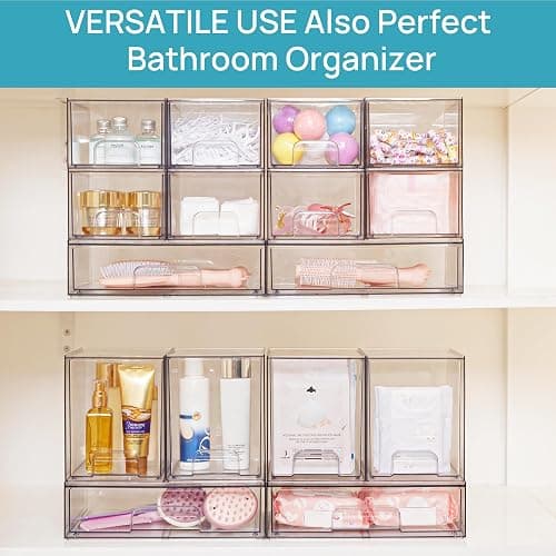 Vtopmart 7.6" H Clear Stackable Storage Drawers, 4 Pack Plastic Organizers Bins for Skincare, Cosmetics,Beauty Supplies,Ideal for Vanity, Bathroom,Kitchen Countertop,Cabinet Organization thumbnail 8
