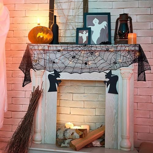 FUN LITTLE TOYS Halloween Decorations Indoor - Mantel with String Lights Lace Spiderweb Decor Inside for Home Party Supplies (18 x 96 inch) thumbnail 6
