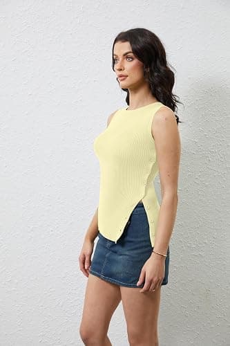 OLAPTA Women Asymmetrical Button Down Side Split Sleeveless Tank Tops Boat Neck Slim Fit Summer Casual Side Button Knit Vest thumbnail 2