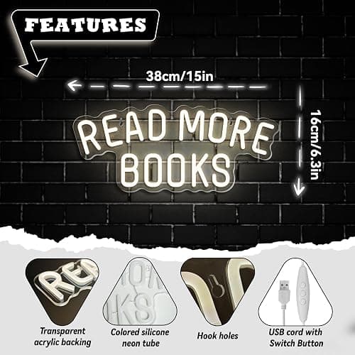 Read More Books Neon Sign Dimmable Book LED Light up Sign for Bedroom Bookstore Reading Room Library Museum Study Room Classroom Wall Decor USB Powered Kids Gifts (15"*6.3") thumbnail 3