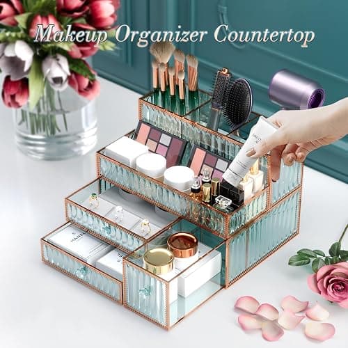 Youdepot Makeup Organizer Countertop - Tempered Glass Vanity Organizer for Cosmetics, Skincare, Hair Tools, Brushes, Perfume - Multipurpose Bathroom Counter Skincare Organizer thumbnail 4