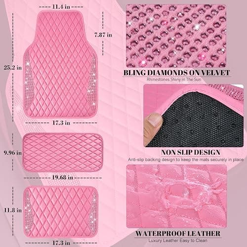 CAR PASS Bling Leather Car Mats Shining Diamond Floor Mats Crystal Rhinestones Sparkly Glitter Carpet Anti-Slip Waterproof Pad Universal Fit for Automotive SUV, Sedan, Van, 5pcs for Girl Women Pink thumbnail 5