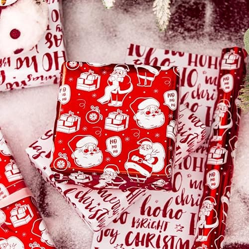 Yarcony Reversible Christmas Wrapping Paper Roll,Red Wrapping Paper, Metallic Foil Red Santa, HOHO Pattern Holiday Gift Wrap Paper for Christmas, Party, Celebration, New Year (17 Inch X 33 Feet) thumbnail 4
