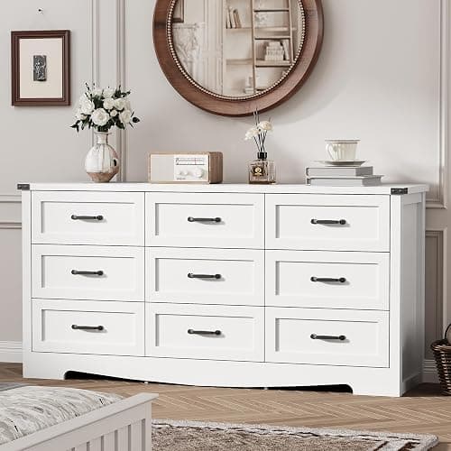 Dresser for Bedroom with 9 Drawers, 59" Wide Modern Chest of Drawers with Deep Drawers & Mental Handle, Wood Dresser TV Stand, Wooden Closet Storage Organizer for Living Room, Hallway, Entryway, White - Image 1