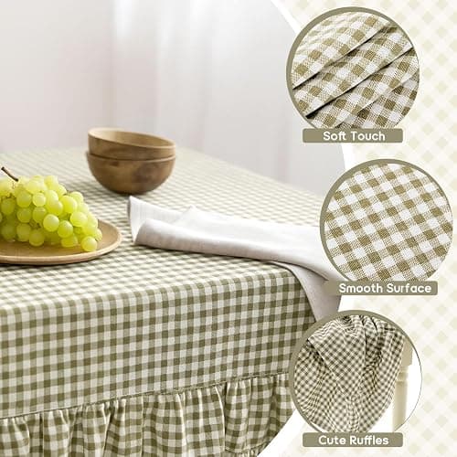 Mindsoft Sage Green Gingham Ruffled Tablecloth,52 x 70 Inches,Rectangle | Decorative Checkered Plaid Table Cloth, Washable Cotton Linen, Vintage Farmhouse Table Cover for Picnics Dining Party Decor thumbnail 4
