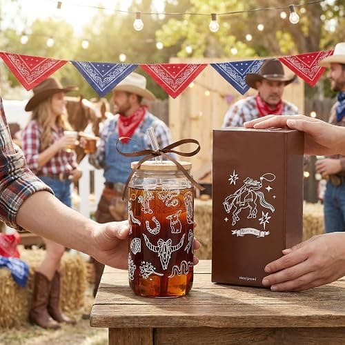 Celebloom Western Gifts for Women, Cute Glass Cup for Western Cowgirl Stuff | Iced Coffee Tumbler Glass Cup with Lid Straw for Country Girl Gift Thanksgiving Christmas Birthday Mothers Day Friend 16oz thumbnail 2