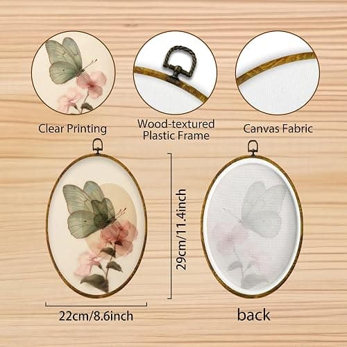 Hiuwevt Green Butterfly Oval Wall Art Decor, Vintage Pink Floral Butterfly Moth Framed Canvas Prints, Retro Cottagrcore Floral Round Wall Hanging Decor for Bedroom Home Decorations, 8.6x11.4 Inches thumbnail 7