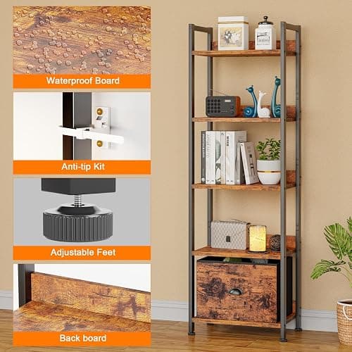 Furologee 5 Tier Bookshelf with Drawer, Tall Narrow Bookcase with Shelves, Wood and Metal Bookshelves Storage Organizer, Industrial Display Standing Shelf Unit for Bedroom, Living Room, Rustic Brown thumbnail 4