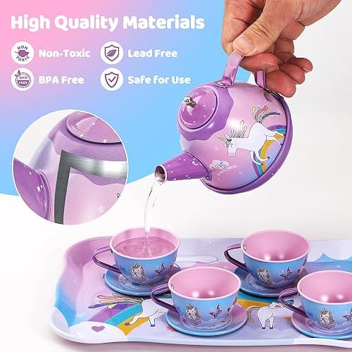 55Pcs Tea Party Set for Little Girls, Princess Tea Party Set, Unicorn Kid Tin Tea Set,Kids Kitchen Pretend Toy, Toddler Tea Party Set for Girl 3-5, Tea Party Set Christmas Birthday Gift for 4 Year Old thumbnail 4