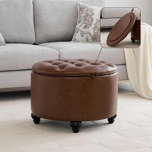 WUTUTUEE 24Inch Round Storage Ottoman with Tray, Modern Tufted Leather Circle Coffee Table with Storage, Upholstered Ottoman with Removable Top for Living Room, Bedroom, Leather Coffee - Image 1