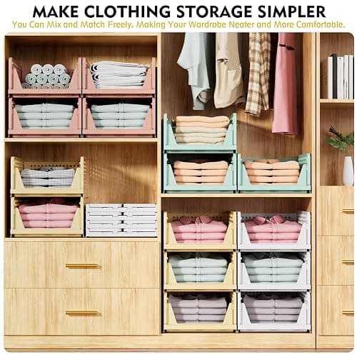 SNSLXH 5 Pack Stackable Closet Storage Basket, Multifunctional & Foldable Closet Organizer for Bathroom Kitchen Laundry Room Wardrobe Storage, Space-Saving Clothes Storage Drawer Organizer, White thumbnail 4