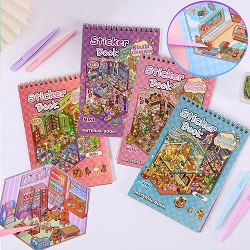 4 Sticker Books (1200+), 32 DIY 3D Scene Sticker Collection with Tweezers, Reusable Creative Craft Set, Aesthetic Art Supplies & Party Favor thumbnail 5