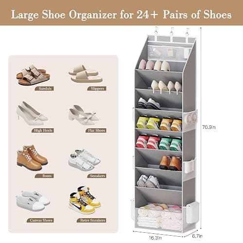 Criusia Shoe Organizer, Over the Door Shoe Organizer, Hanging Closet Shoe Storage with Large Deep Pockets, Fits 16–24 Pairs of Sneakers, Sandals, Boots, Gray thumbnail 3