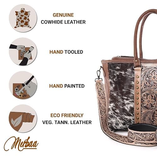 Merbaa Western Cowhide Hairon Leather Tote Bag for Women With Adjustable Tooled Shoulder Strap Leather Purse thumbnail 3
