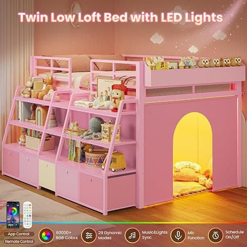 MSmask Low Loft Bed Twin with Stairway Shelf Storage, 5 Drawers, Pink | Heavy Duty Metal Kids Loft Bed with Beside Box Storage, LED Lights, Safety Guardrail, Under-Bed Play Space, Spave Saving thumbnail 4