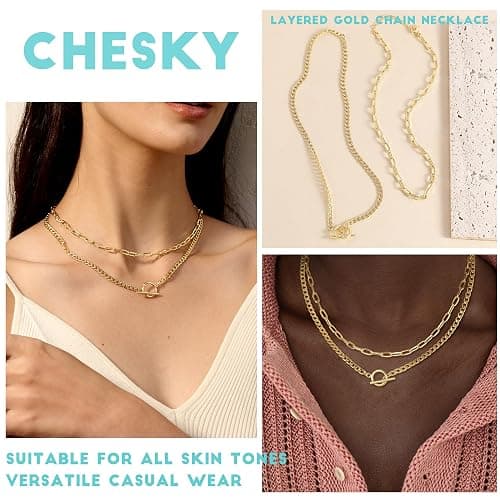 CHESKY Layered Necklaces for Women, 14K Gold Plated Chain Necklace Women Trendy Cuban Link Paperclip Chain Toggle Clasp Necklace Fashion Chunky Jewelry for Women thumbnail 5