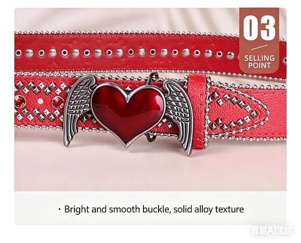 Women's Red Studded Belt with Angel Wing Heart Buckle, Rhinestone Embellished, Bohemian Style,Fits waistline 88-103CM thumbnail 9