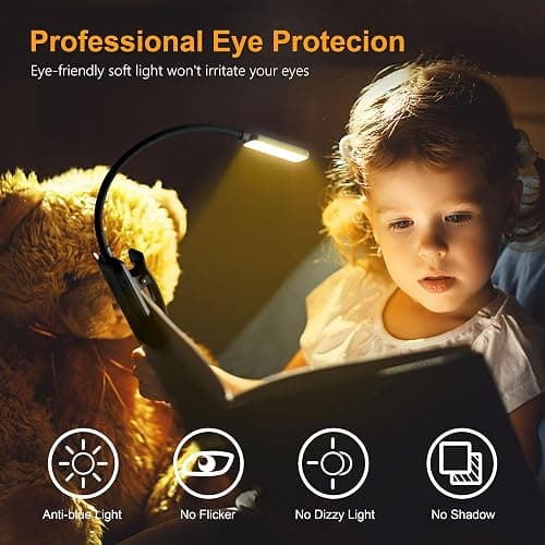 Gritin 9 LED Rechargeable Book Light for Reading in Bed - Eye Caring 3 Color Temperatures,Stepless Dimming Brightness,80 Hrs Runtime Small Lightweight Clip On Book Reading Light for Studying - Black thumbnail 2