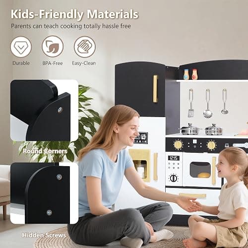 Kinder King Wooden Kids Play Kitchen, Toy Kitchen Playset for Toddler, Play Kitchen Set w/Blackboard, Transparent Coloring Board, Pretend Dishwasher, Oven, Ice Maker, Gift for Boys Girls Age 3+, Black thumbnail 8