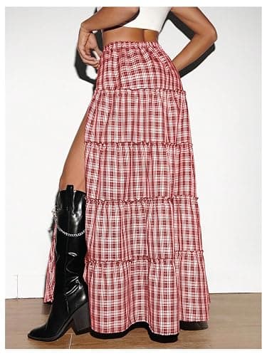 SHENHE Women's Plaid Maxi Skirt High Slit A Line Flowy Tiered Ruffle Y2k Vintage Long Skirt thumbnail 2