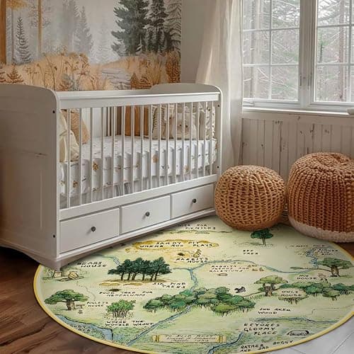 Estmy Washable Vintage Woodland Rug, 3ft Cute Fun Nursery Rugs for Girls Boys Neutral, Soft Stain Resistant Hundred Acre Wood Map Carpet, Cartoon Retro Kids Play Roud Rug Circle Infant Playmat thumbnail 3