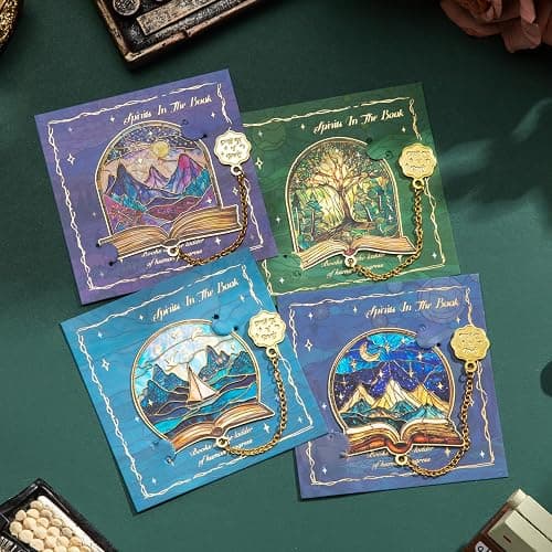 4pcs Metal Bookmarks with Chain, Inspirational Book Marks Set Featuring Books, Mountains, Stars, Forest & River - Perfect Book Markers Gift for Book Lovers, Readers, Kids, Teens, Men, Women, Adults thumbnail 2