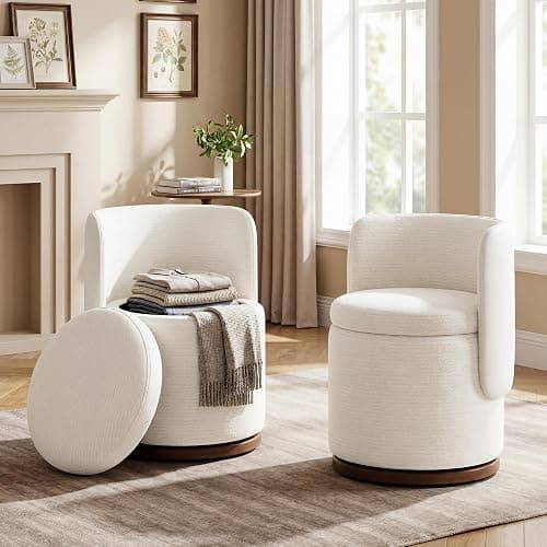 smartue Ottoman with Storage, Round Vanity Stool with Back | 22L Hidden Seat, 360° Swivel, Reversible Lid, No Wheels, Upholstered Makeup Footstool for Bedroom - Image 1