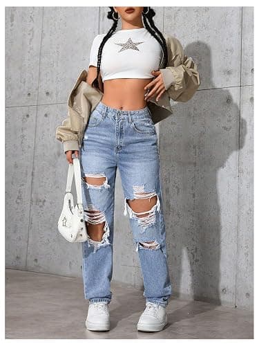 Floerns Women's High Waisted Distressed Jeans Straight Leg Casual Ripped Denim Pants thumbnail 4