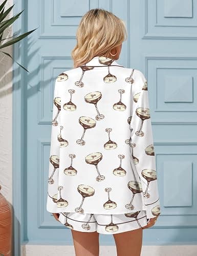 SHESHOW Satin Pajama Set for Women Button Down Long Sleeve Top and Shorts Loungewear Set Funny Print Sleepwear XS-XXL thumbnail 3