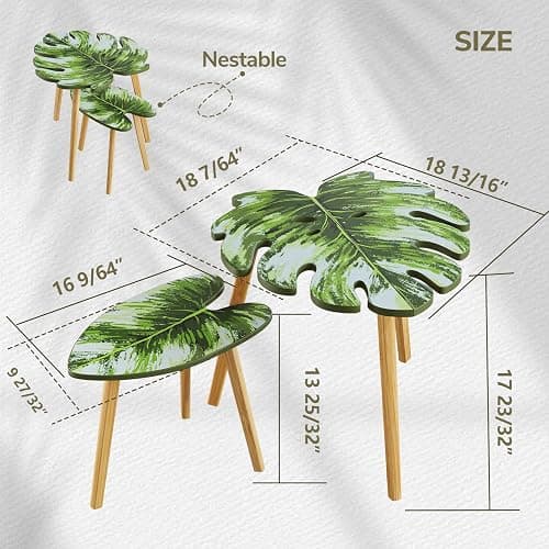 BAMEOS Monstera Leaf Nesting Tables Set of 2, Small Side Tables f Set with Leaf Vein Pattern, Modern Wooden CoffeeTables for Living Room Bedroom Apartment Balcony Yard thumbnail 2