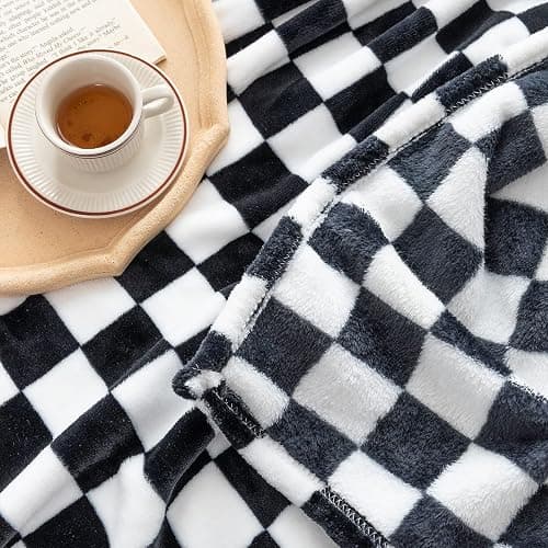LOMAO Throw Blankets Flannel Blanket with Checkerboard Grid Pattern Soft Throw Blanket for Couch, Bed, Sofa Luxurious Warm and Cozy for All Seasons (Black, 40"x50") thumbnail 5