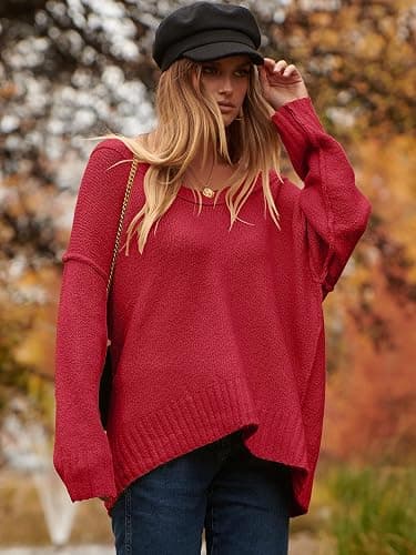 ANRABESS Women's Oversized Casual Loose Slouchy Scoop V Neck Batwing Long Sleeve Knit 2025 Fall Pullover Sweaters thumbnail 6