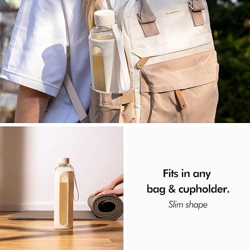 KIVY Glass Water Bottle with Silicone Sleeve 32 oz [WITH MEASUREMENT] - Borosilicate Glass Water Bottle Screw Top - Clear Bottles with Measurement Marking - Slim Waterbottle Aesthetic - Cream White - 32 Ounces - Cream White thumbnail 4