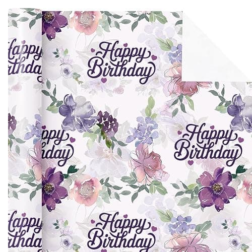 WRAPAHOLIC Birthday Wrapping Paper Roll - Mini Roll - 17 Inch x 16.5 Feet - Happy Birthday with Purple Flower Wrapping Paper for Girls Women, Baby Shower, Wedding thumbnail 2
