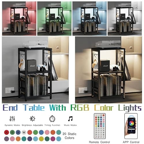 YAKANJ End Table with LED Light,Record Player Stand with Albums Storage,Vinyl Records Storage,Turntable Stand Side Table for Music Room Studio Living Room Bedroom-Modern Black thumbnail 4