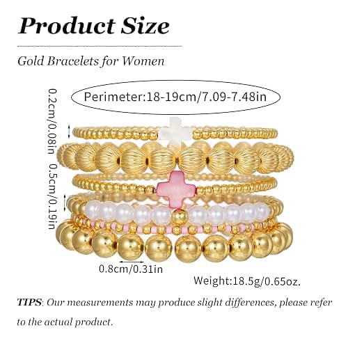 Long tiantian Gold Beaded Bracelet Stack for Women Pearl Cross Stretch Bracelets Non Tarnish Trendy Halloween Christmas Jewelry Gifts thumbnail 6