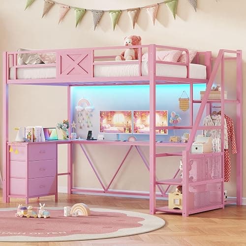 Itaar Stairway Twin Size Loft Bed with L Shaped Desk and Wardrobe, Metal Loft Bed Frame with Stairs, 3 Fabric Drawers, LED Lights & Charging Sation, No Noise & No Box Spring Needed, Pink - Image 1