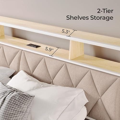 Salamir Full Headboard Only, Headboard for Full Size Bed with Storage, Upholstered Headboards with LED Lights & Charging Station, Attach Frame, Ideal for Bedroom/Dorm/Guest Room, White & Beige thumbnail 7