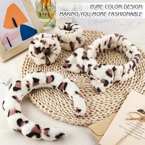 Zkptops 6Pcs Spa Headband for Washing Face Wristbands Set Women Bubble Skincare Makeup Sponge Plush Padded Puffy Headband Bow Tie Hairband Cute Non Slip Thick Hair Accessory Gifts(Beige Leopard) thumbnail 7