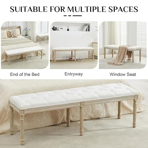LOULENS 57.7" Linen Fabric End of Bed Bench, French Upholstered Button Tufted Bench for Bedroom End of Bed, Window Seat with Carved Wood Legs for Bedroom, Living Room, Entryway, White thumbnail 6