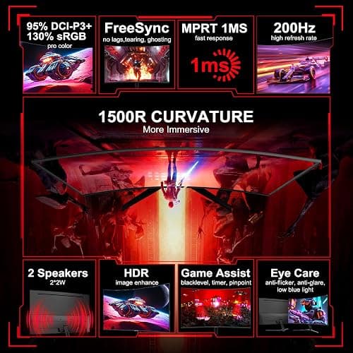 SANSUI 27 Inch Curved Gaming Monitor 200Hz 180Hz 1ms with Speakers FHD 1080P Computer Monitor FreeSync|1500R|130% sRGB|HDR|Low Blue Light|HDMI DP Ports|VESA Mount|Metal Stand(HDMI Cable Incl.) thumbnail 2