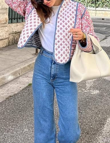 Wyeysyt Women's Cropped Puffer Quilted Jacket Cardigan Floral Printed Lightweight Long Sleeve Open Front Short Padded Coats thumbnail 2
